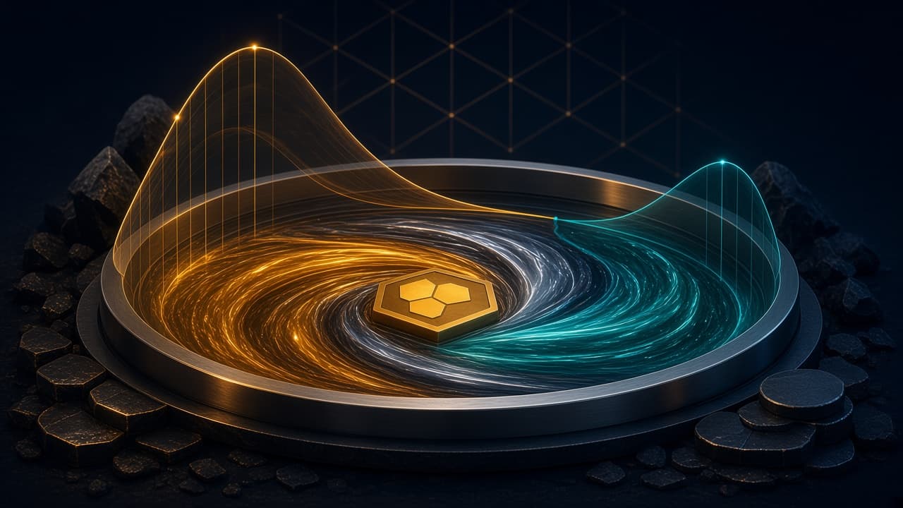 A dark circular tide basin with gold, amber, silver-blue, and teal currents swirling into a glowing HEX hexagon.