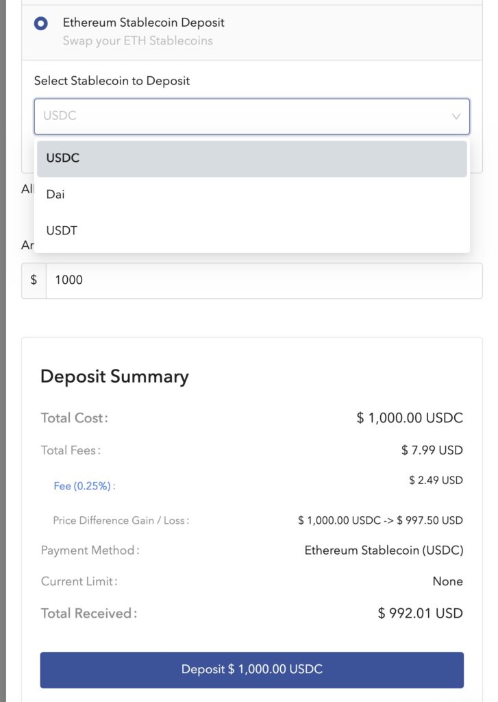 Ethereum stablecoin deposits to Coast